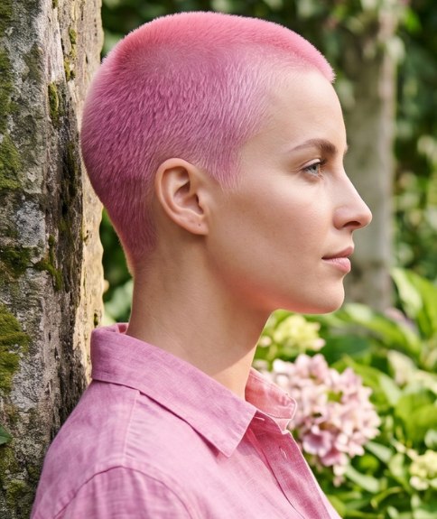 Vrouwelijke buzzcut met volledig roze haar