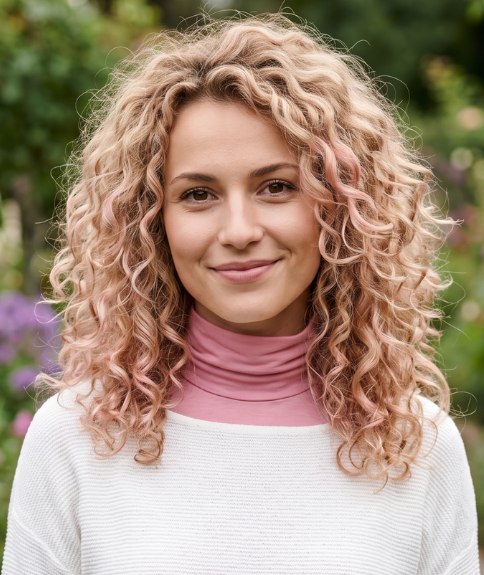 Lang kapsel met perzikroze krullen