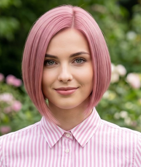 Roze haar in een korte, schuine bob
