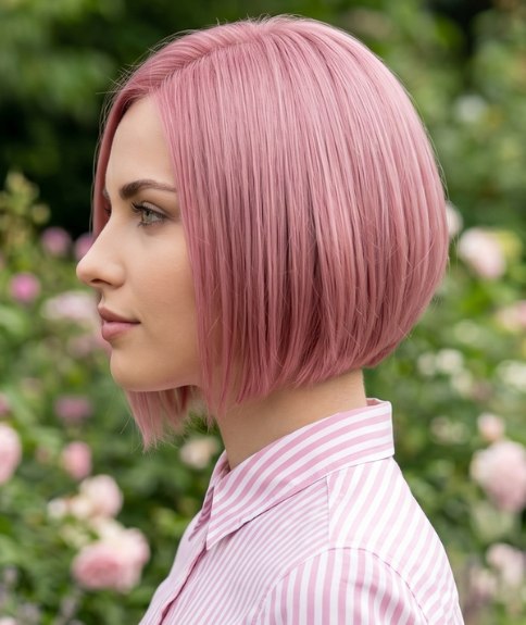 Korte bob met een volledig roze haarkleur