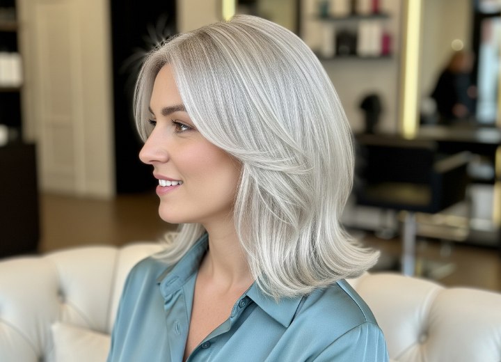 Zilverblond haar met platinatinten, op schouderlengte