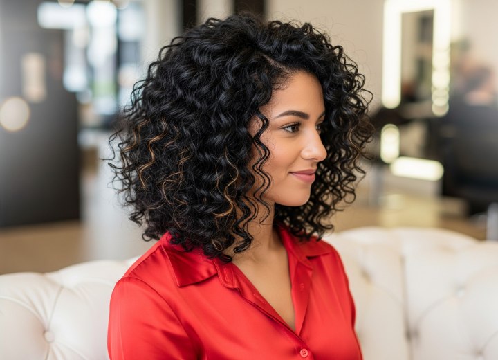 Donker krullend schouderlang haar met highlights