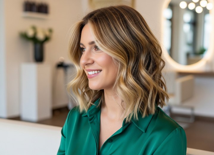 Blond haar met diverse blondtinten, op schouderlengte