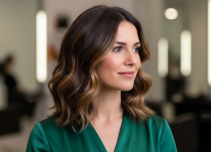Bruin schouderlang haar met karamel highlights