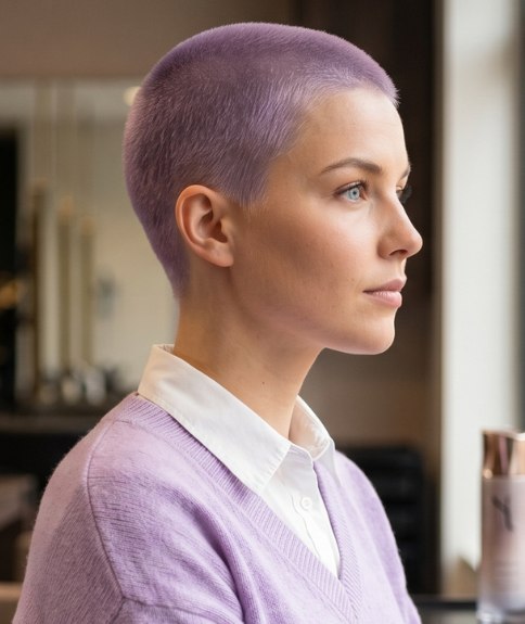Vrouw met geschoren haar in een pastelkleur