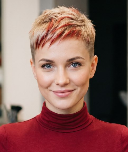 Ultrakort haar met een combinatie van blond en rood