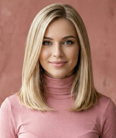 Vrouw met lang blond haar, vóór het afknippen