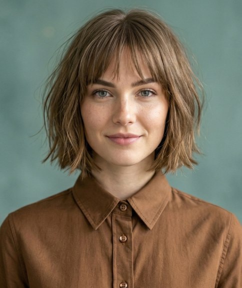 Vrouw met een gelaagde bob, na een haarmake-over