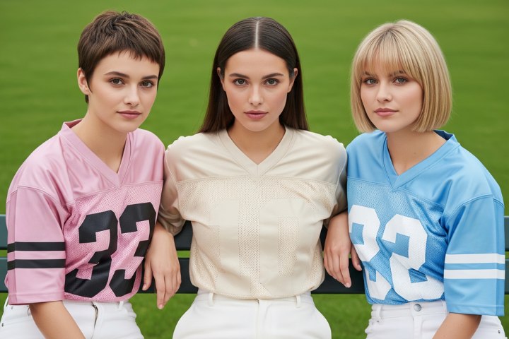 Vrouwen met trendy kapsels, gekleed in American Football-shirts