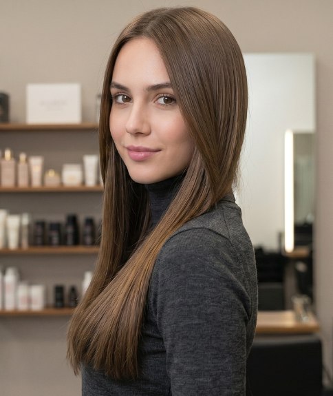 Zeer lang en glad bruin haar