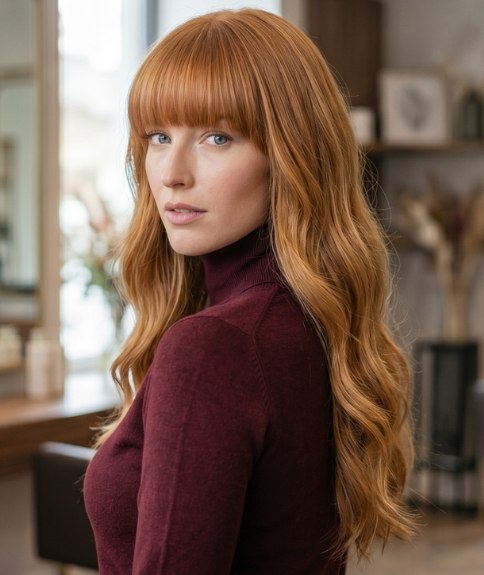 Zeer lang rood kapsel met een pony