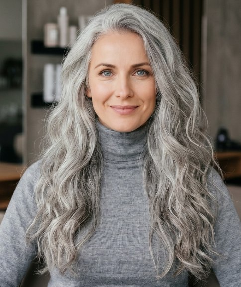 Vrouw met zeer lang grijs haar