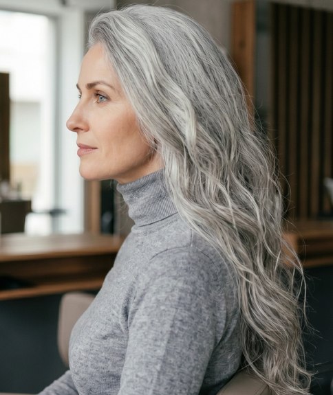 Vrouw met grijs haar dat voorbij de borst valt