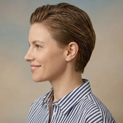 Vrouw met kort haar en een oversized hemd