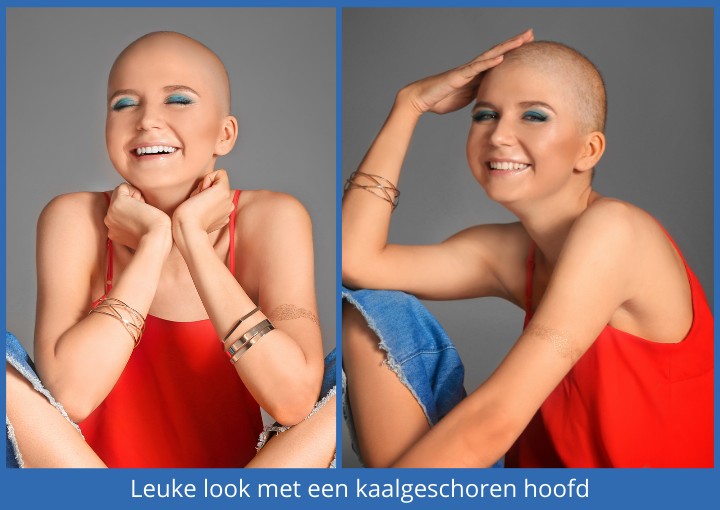 Vrouw met een leuke look en een kaalgeschoren hoofd